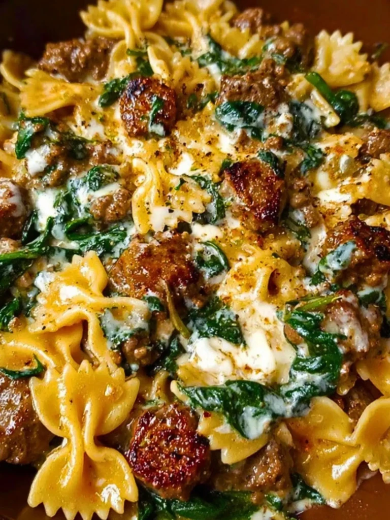 Creamy Garlic Butter Beef Bowtie Pasta with Italian Sausage & Spinach 2