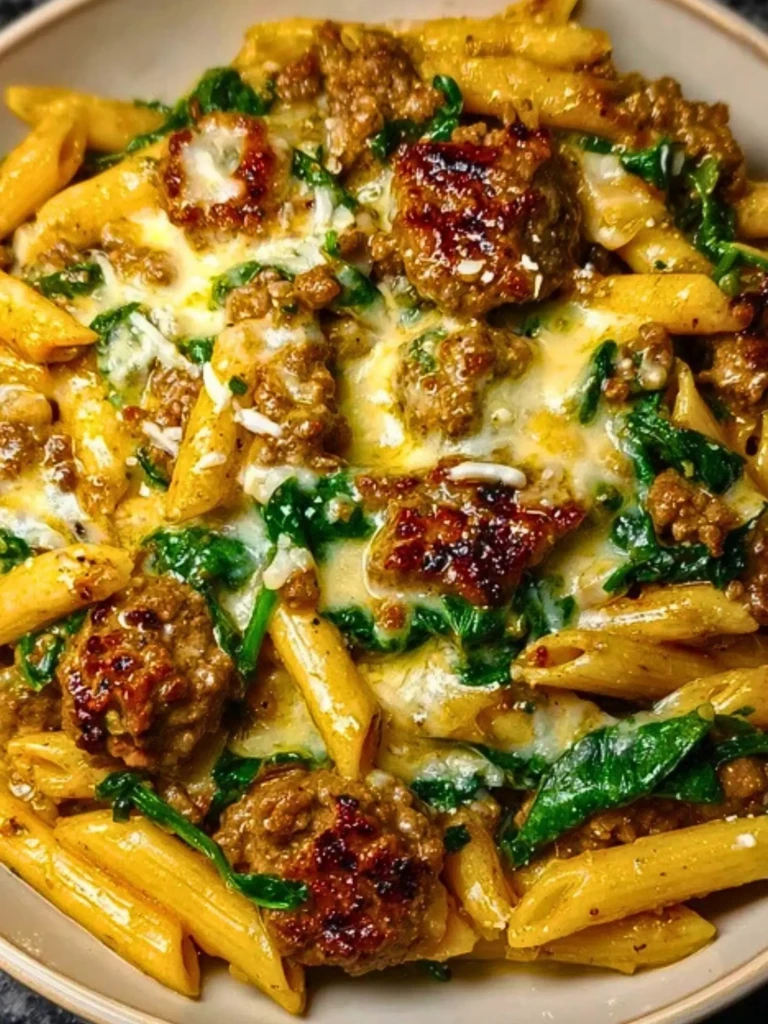 Creamy Garlic Butter Beef Penne with Sausage and Spinach 2