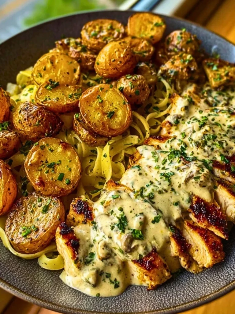 Creamy Mushroom Garlic Chicken Alfredo & Hot Honey Roasted Potatoes 2