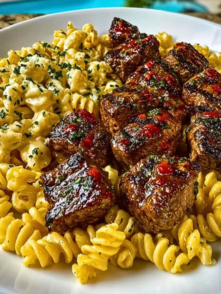 Garlic Butter Steak Bites with Spicy Cajun Alfredo Twisted Pasta 2