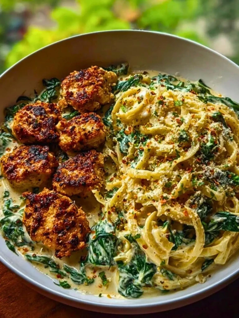 Garlic Chicken Bites & Creamy Cajun Spinach Artichoke Alfredo Pasta 2