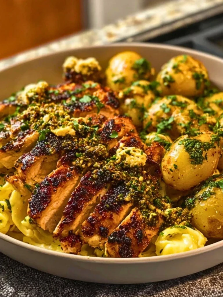 Greek Chicken Alfredo & Garlic Potatoes with Spicy Hot Honey Tahini Pesto 2