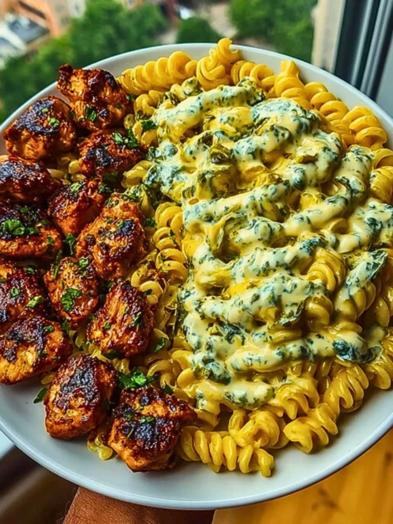 Hot Honey Cajun Chicken Alfredo with Basil Feta Swirl & Crispy Brussels Chips 2