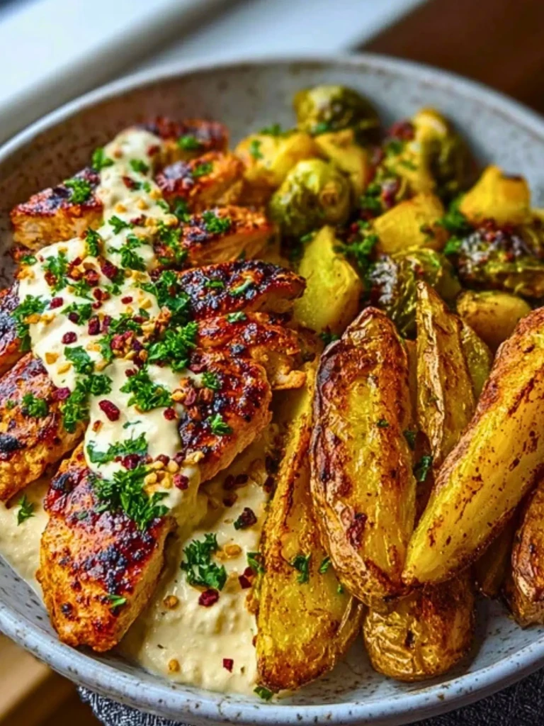 Smoked Paprika Chicken Alfredo with Feta-Tahini Cream & Crispy Brussels-Potato Combo Wedges 2