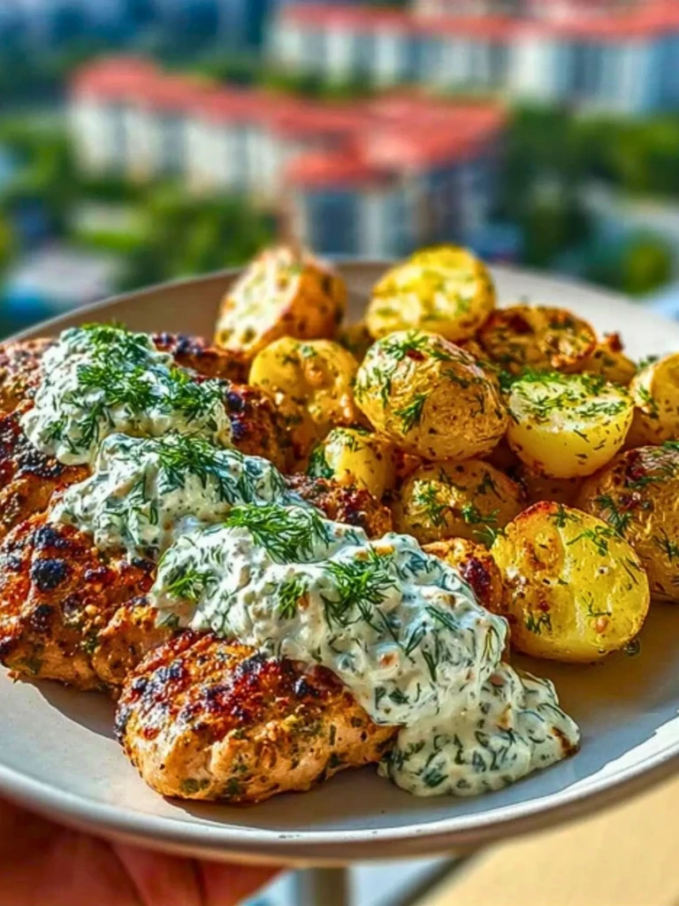 Spicy Yogurt Marinated Chicken with Dill Feta Cream & Crispy Baby Potatoes 2