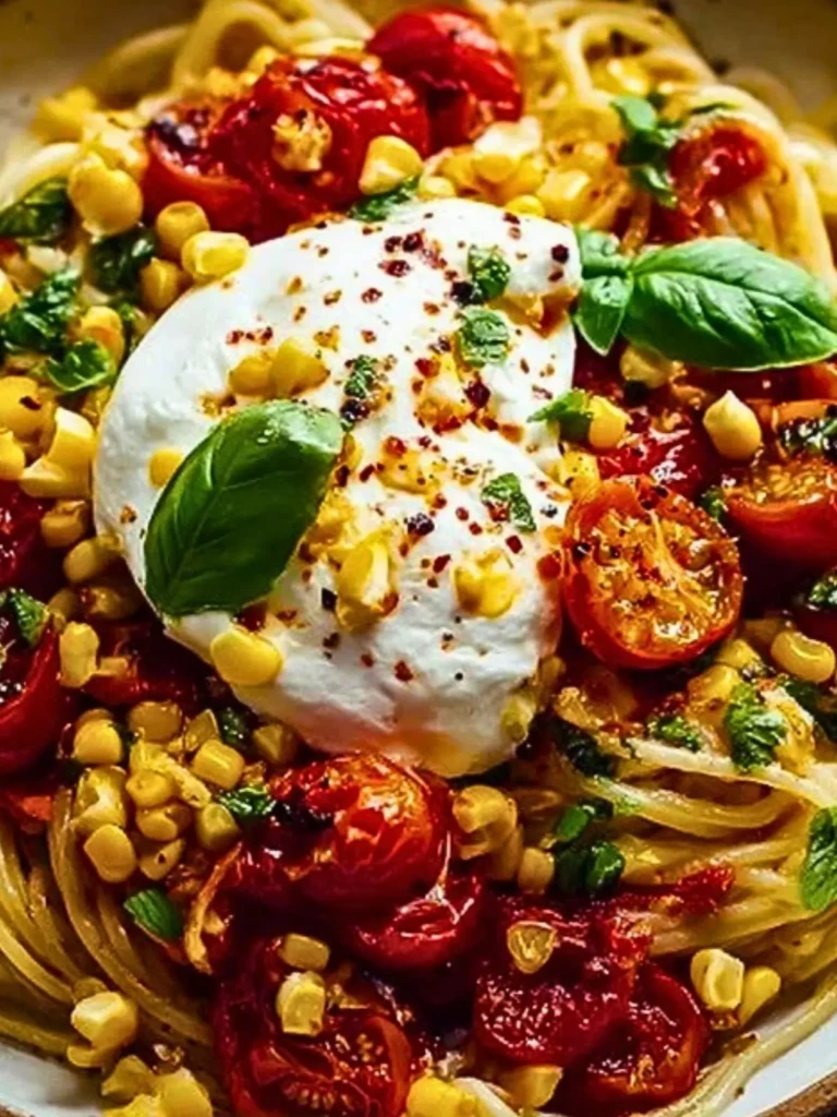 Burrata Pasta with Roasted Tomatoes, Fresh Basil & Sweet Corn (1)