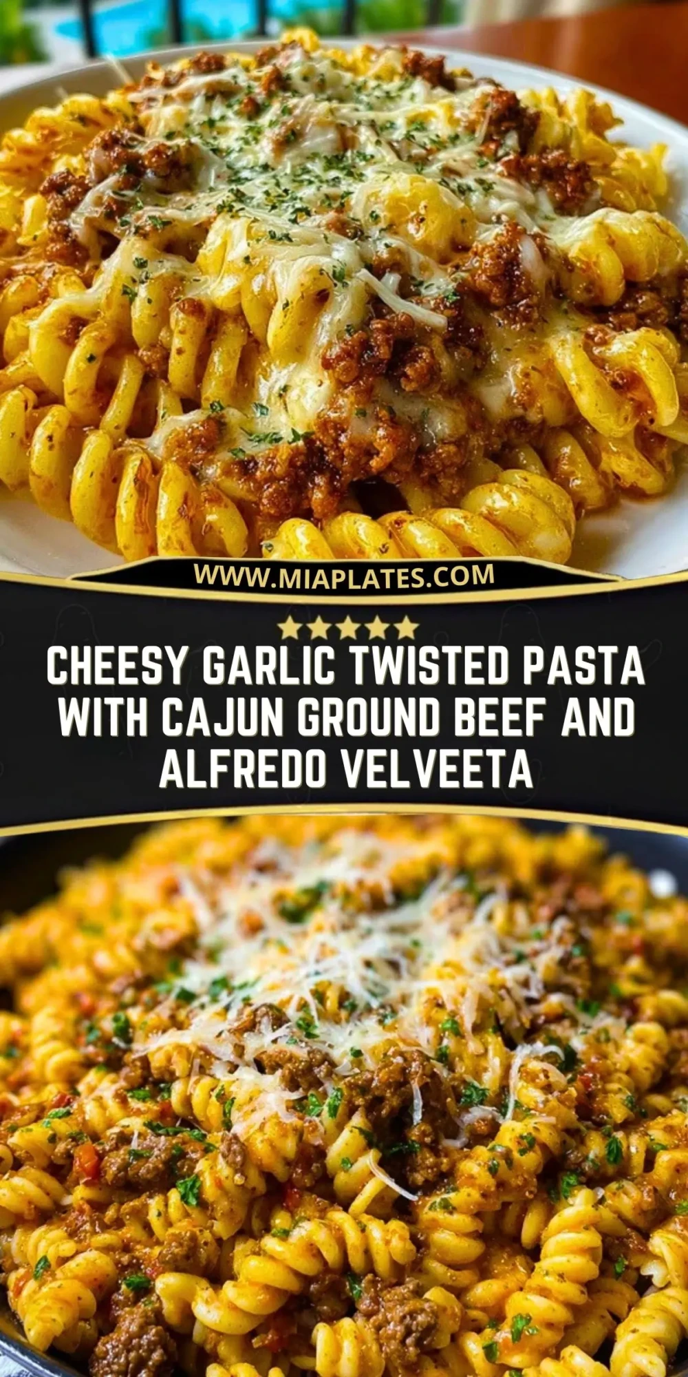 Cheesy Garlic Twisted Pasta with Cajun Ground Beef and Alfredo Velveeta Pin 1