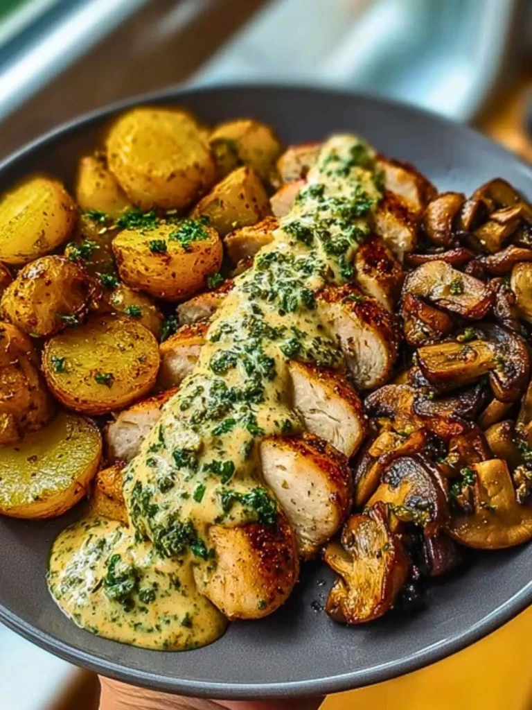 Chestnut Garlic Greek Chicken Alfredo with Sage Potatoes & Mushroom Basil Pesto 2