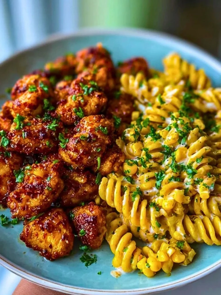 Chili Garlic Butter Chicken Bites with Creamy Cajun Corn Alfredo Twists 2
