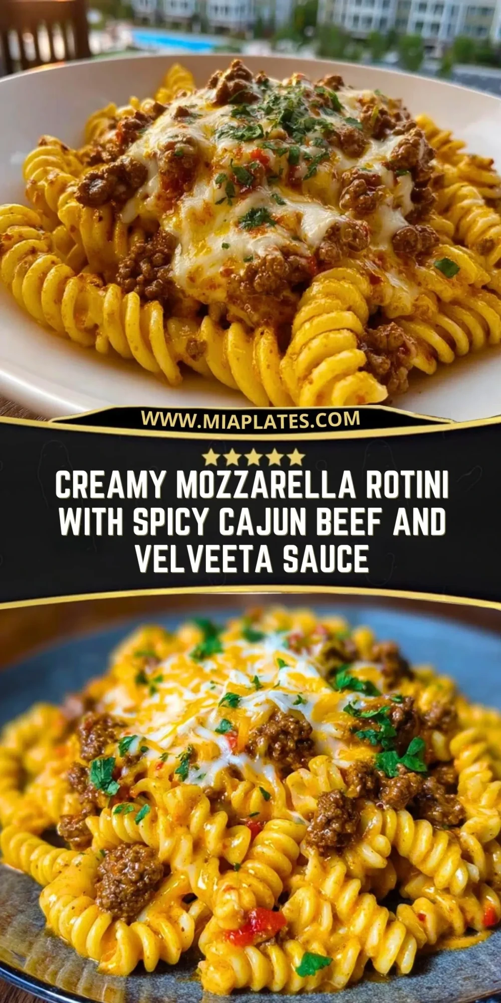 Creamy Mozzarella Rotini with Spicy Cajun Beef and Velveeta Sauce Pin 1