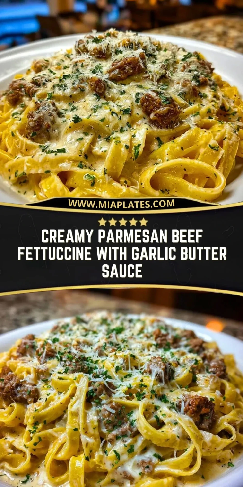 Creamy Parmesan Beef Fettuccine with Garlic Butter Sauce Pin 1