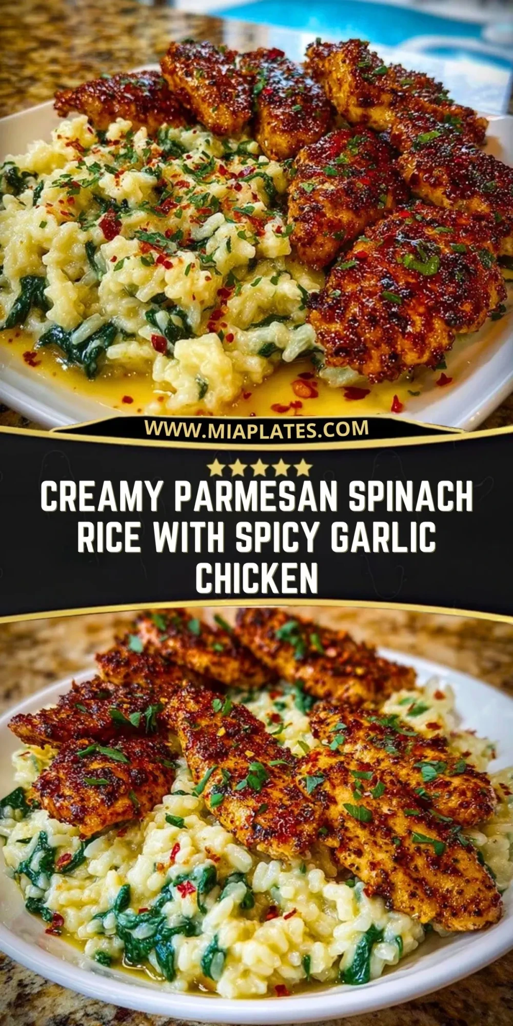 Creamy Parmesan Spinach Rice with Spicy Garlic Chicken Pin 2