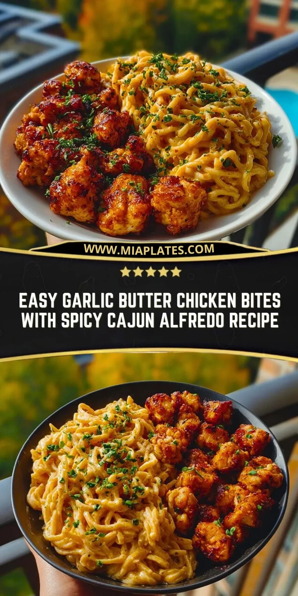 Easy Garlic Butter Chicken Bites with Spicy Cajun Alfredo Recipe Pin 1