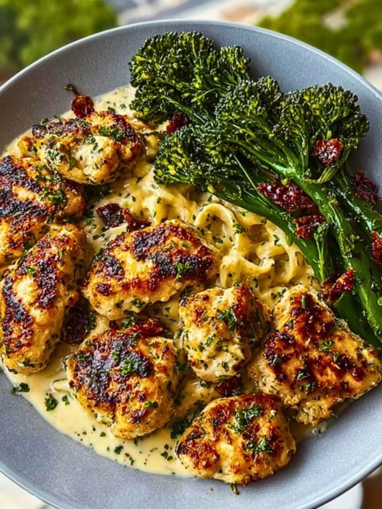 Easy Garlic-Parmesan Chicken Bites Recipe with Sun-Dried Tomato Cajun Alfredo & Charred Broccolini 2