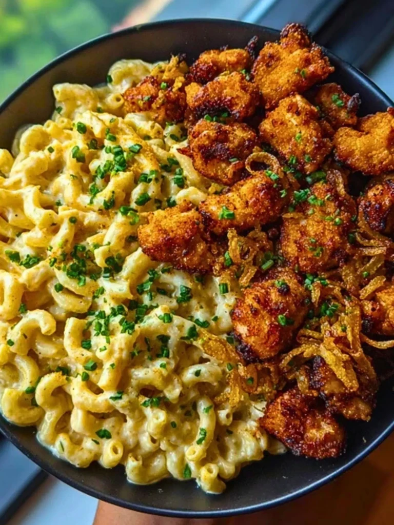 Garlic Butter Chicken Bites & Cajun Alfredo Mac with Crispy Onion Topping 2