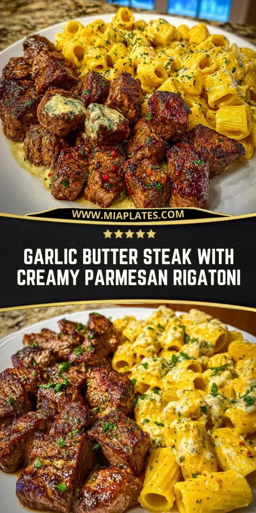 Garlic Butter Steak with Creamy Parmesan Rigatoni Pin 1