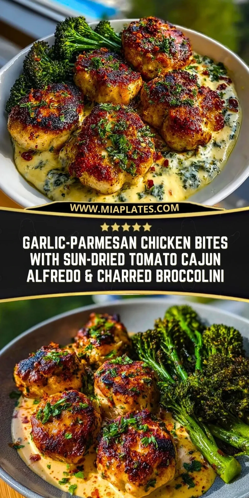 Garlic-Parmesan Chicken Bites with Sun-Dried Tomato Cajun Alfredo & Charred Broccolini Pin 1