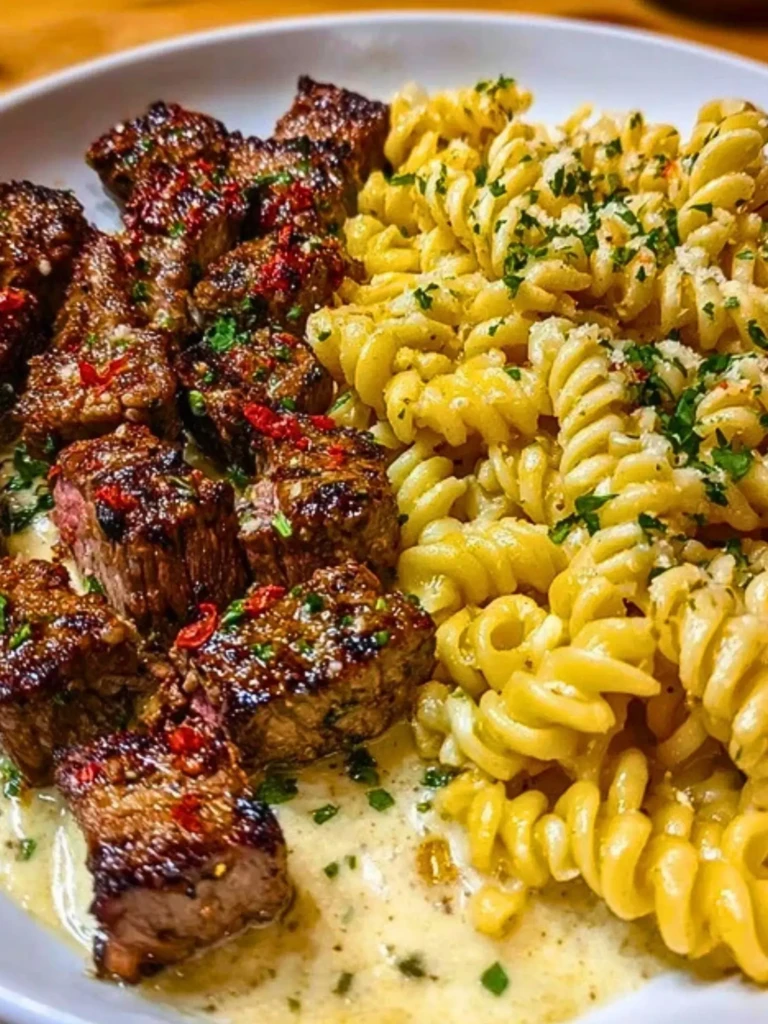 Steak Bites and Cheesy Rotini in Garlic Parmesan Sauce 2