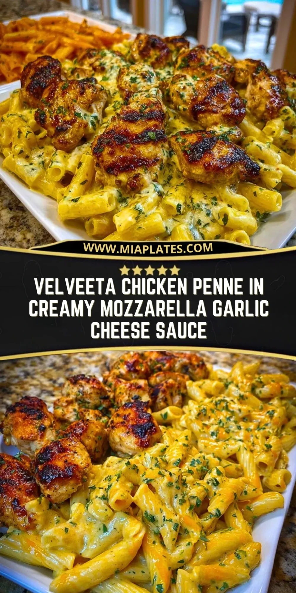 Velveeta Chicken Penne in Creamy Mozzarella Garlic Cheese Sauce Pin 1