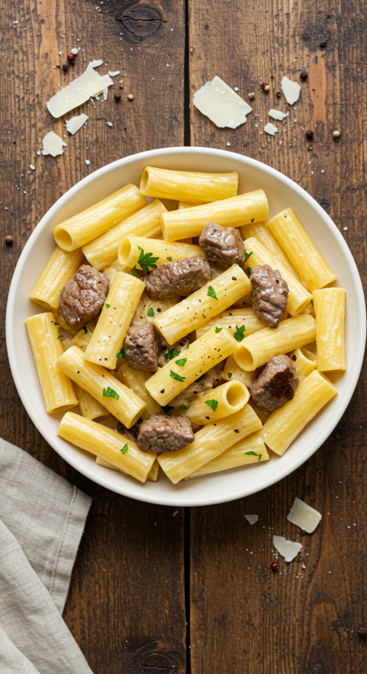 Creamy Cheesy Garlic Butter Rigatoni with Savory Beef Recipe