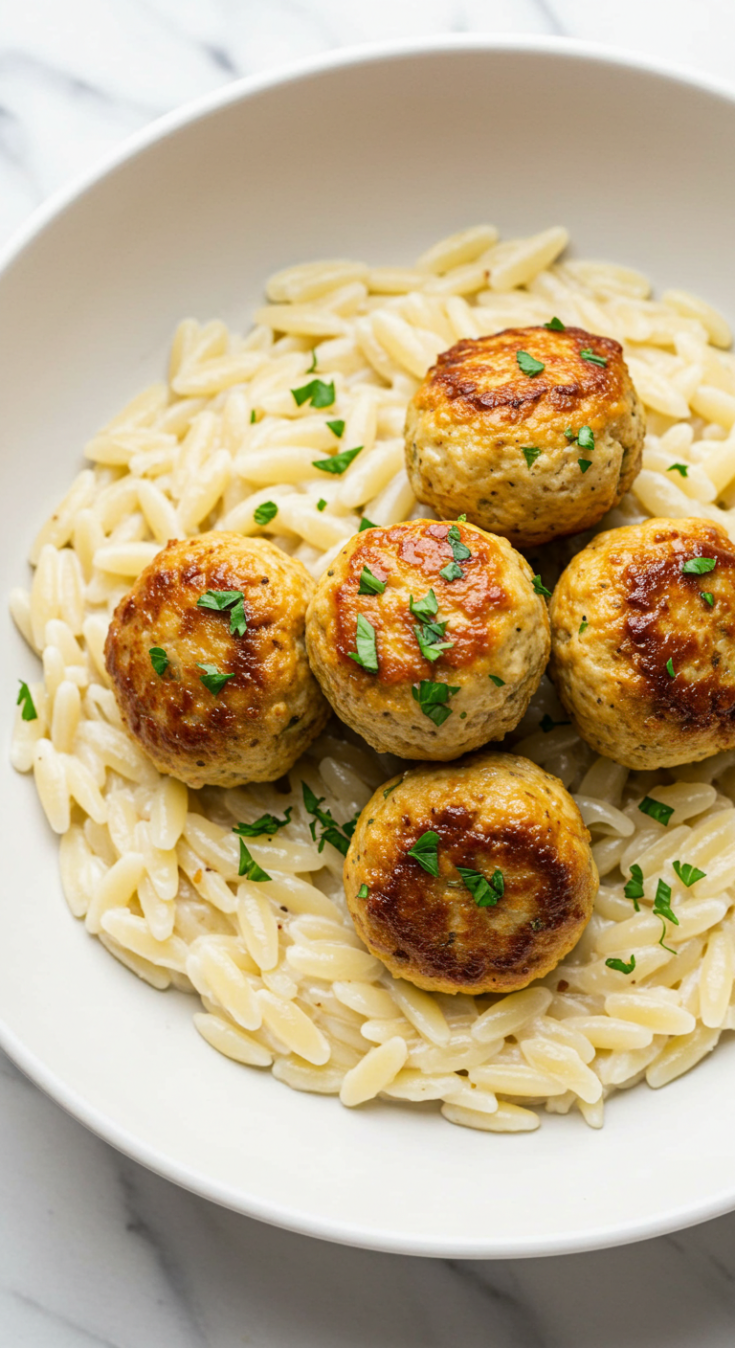 Creamy Garlic Orzo with Lemon Chicken Meatballs