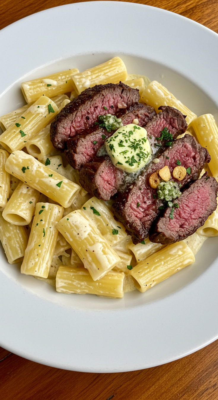 Mouthwatering Garlic Butter Steak with Cheesy Rigatoni Bliss