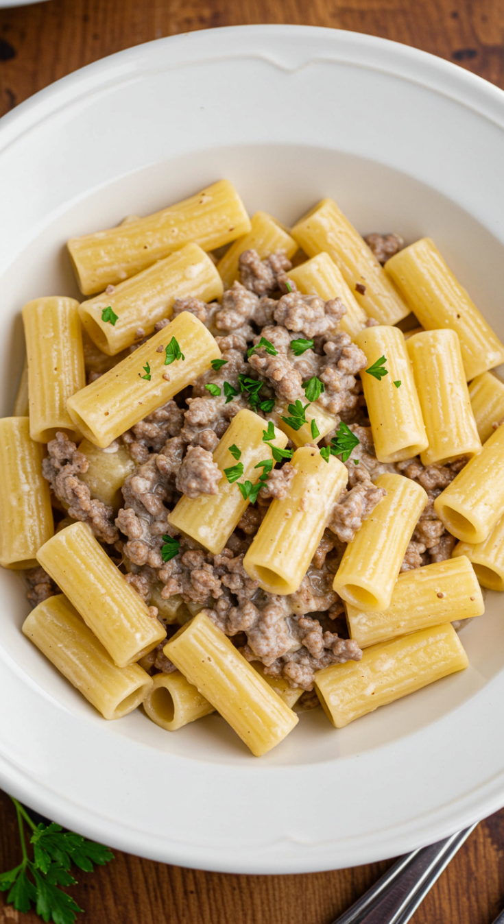 Creamy Cheesy Garlic Butter Rigatoni with Savory Beef