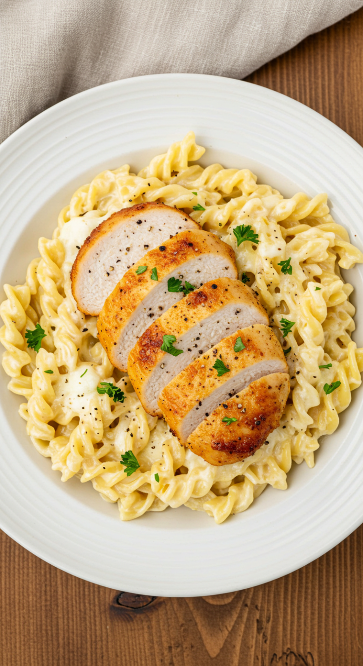 Creamy Garlic Parmesan Chicken with Cheesy Twisted Pasta