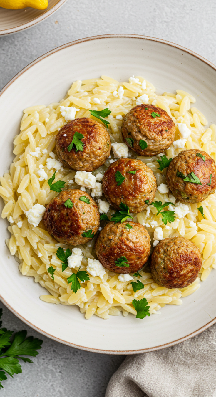 Herby Greek Meatballs Lemon Orzo