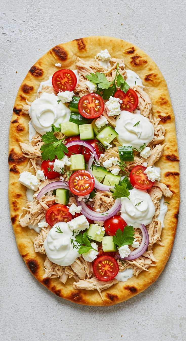 Mediterranean Tzatziki Chicken Naan Pizza