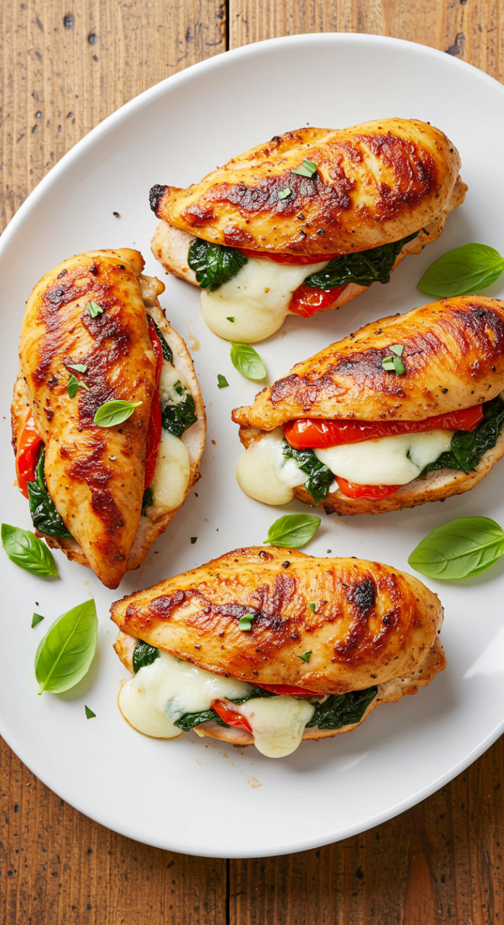 Roasted Red Pepper Spinach Mozzarella Stuffed Chicken