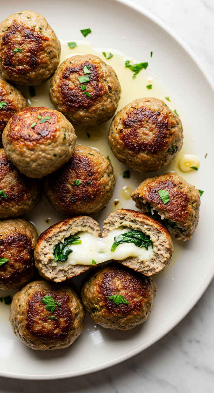 Spinach Garlic Meatballs Stuffed with Mozzarella