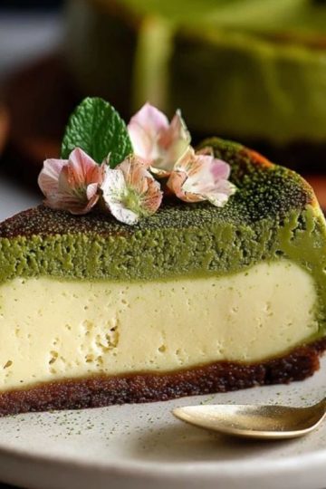 Baked Vanilla Matcha Cheesecake with Basque Twist