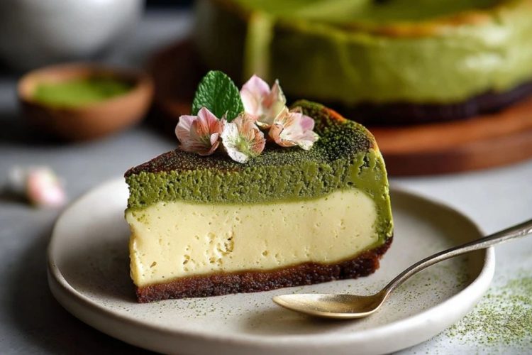 Baked Vanilla Matcha Cheesecake with Basque Twist