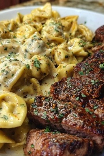 Cajun Garlic Butter Steak with Cheesy Alfredo Tortellini