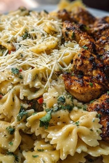 Cheesy Bowtie Pasta with Garlic Parmesan Chicken