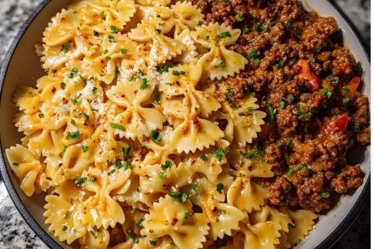 Cheesy Bowtie Pasta with Savory Cajun Ground Beef in Garlic Cream