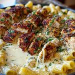 Cheesy Garlic Butter Chicken Bites with Rigatoni in Alfredo Sauce
