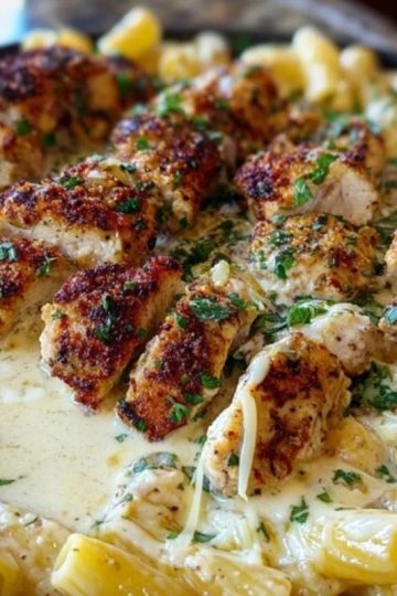 Cheesy Garlic Butter Chicken Bites with Rigatoni in Alfredo Sauce