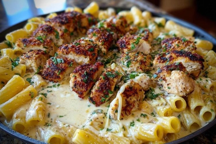 Cheesy Garlic Butter Chicken Bites with Rigatoni in Alfredo Sauce