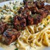 Cheesy Garlic Steak Bites over Creamy Linguine Pasta