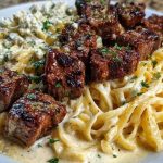 Cheesy Garlic Steak Bites over Creamy Linguine Pasta