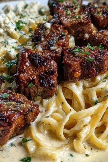 Cheesy Garlic Steak Bites over Creamy Linguine Pasta