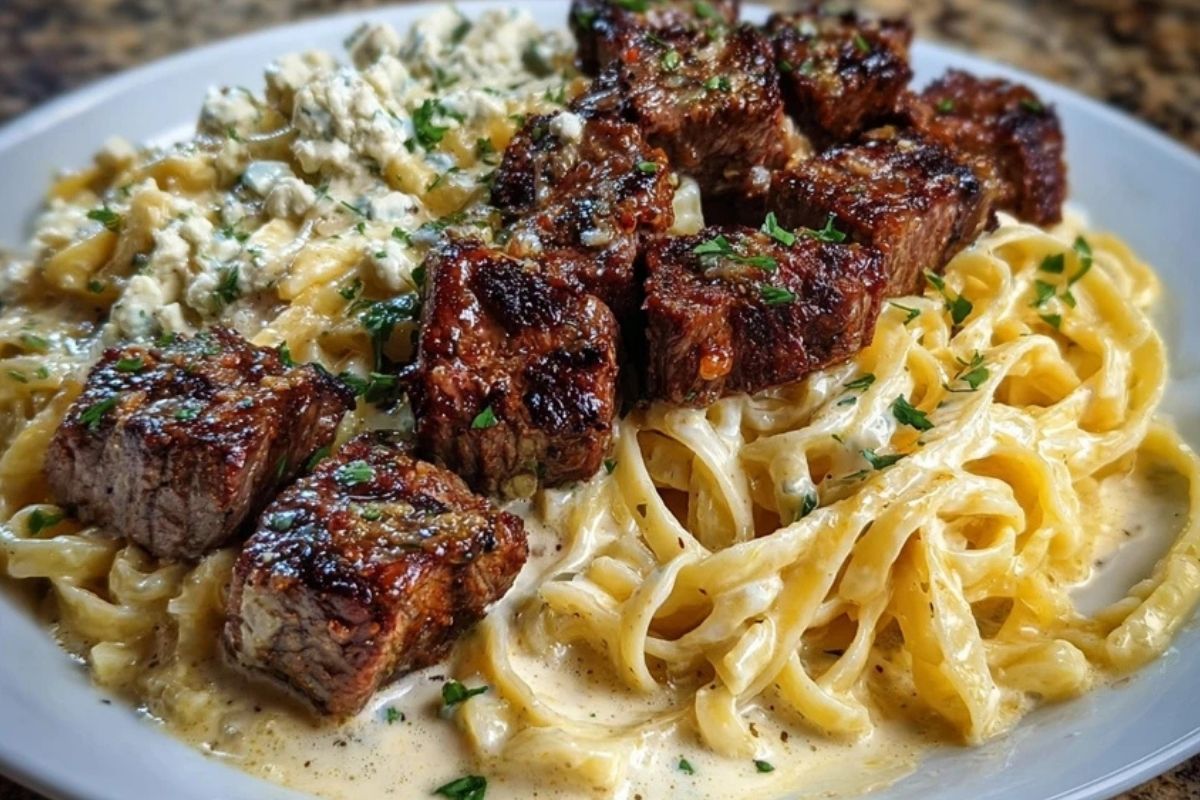 Cheesy Garlic Steak Bites over Creamy Linguine Pasta