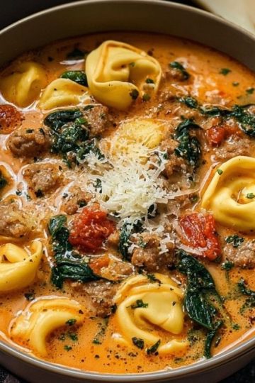 Cozy Slow Cooker Creamy Tortellini Soup with Spinach & Sausage