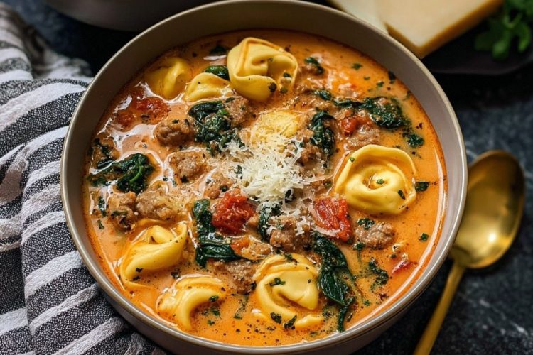 Cozy Slow Cooker Creamy Tortellini Soup with Spinach & Sausage