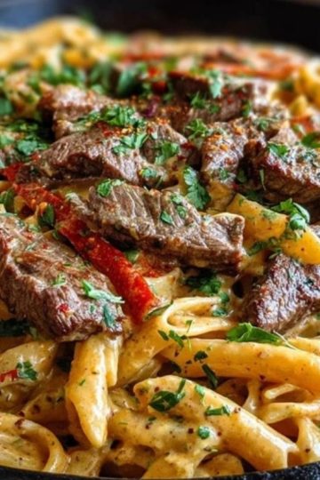 Creamy Cajun Butter Tender Steak Pasta Skillet