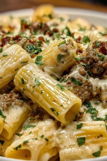 Creamy Cheesy Garlic Butter Rigatoni with Savory Beef