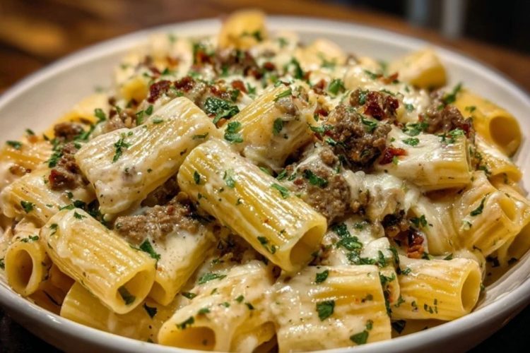 Creamy Cheesy Garlic Butter Rigatoni with Savory Beef