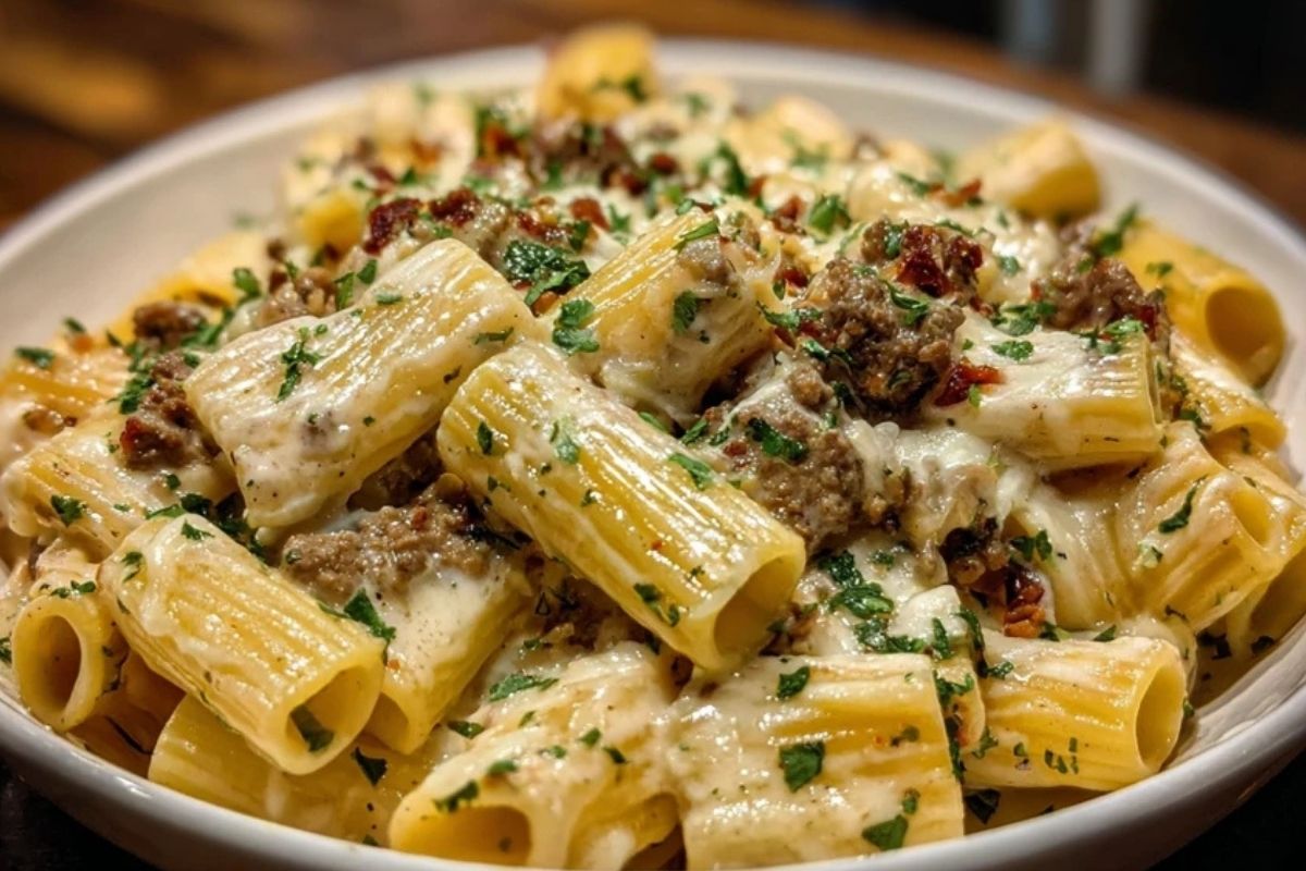Creamy Cheesy Garlic Butter Rigatoni with Savory Beef